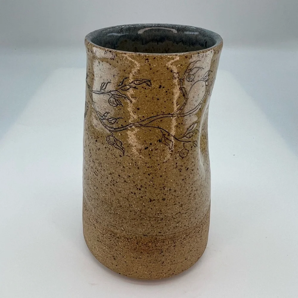 Folk Art Sandstone Pottery Vase “One Day At A Time” Fauna Print Artist Signed